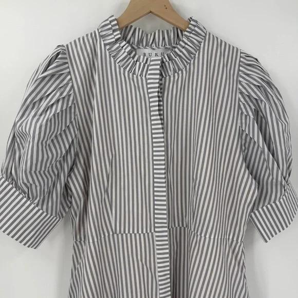 BURU Puff Sleeve Day Gown Striped Poplin Midi Dress Womens Large Elegant Preppy - Picture 2 of 5